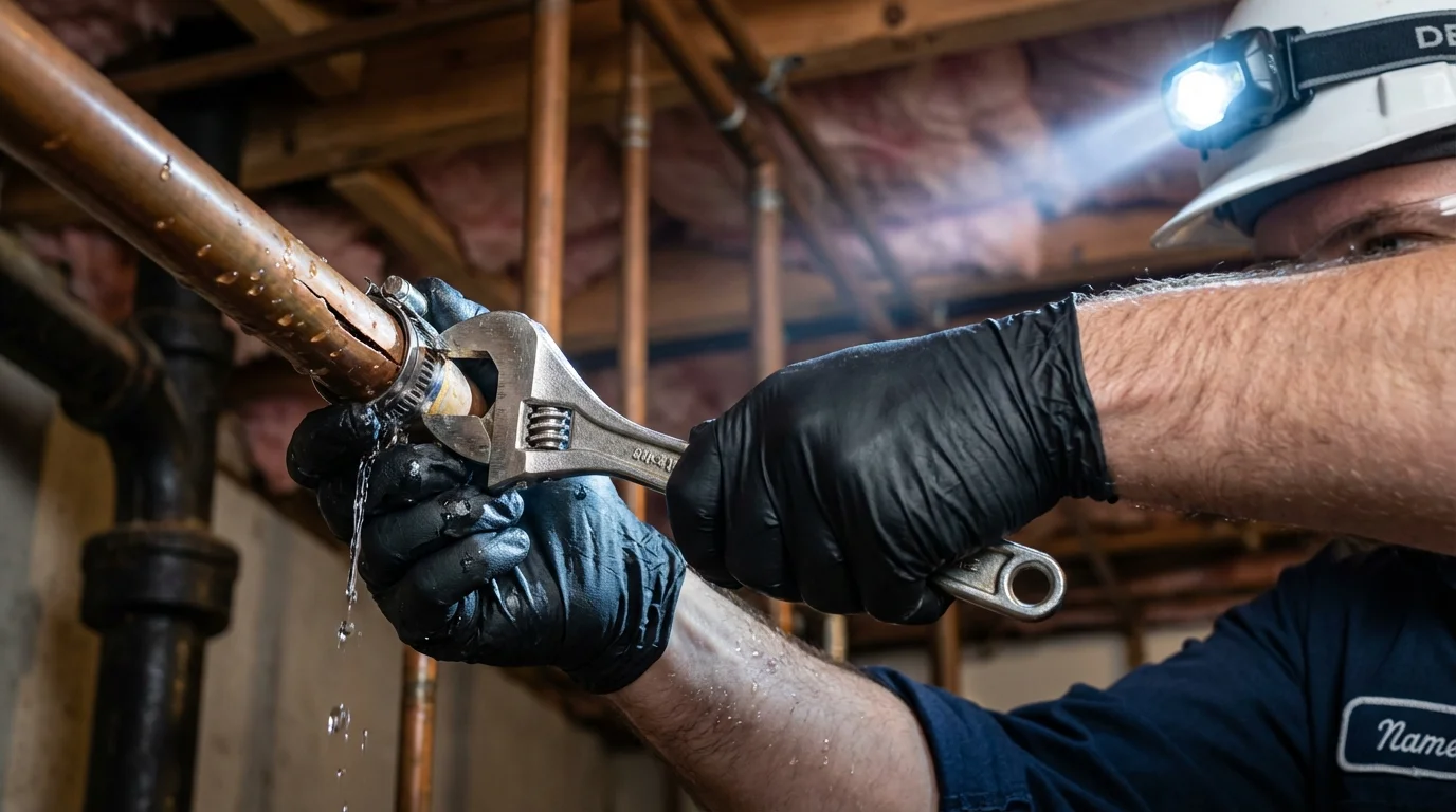 Emergency pipe clamp repair being performed by a Johns Plumbing LLC plumber in Inverness